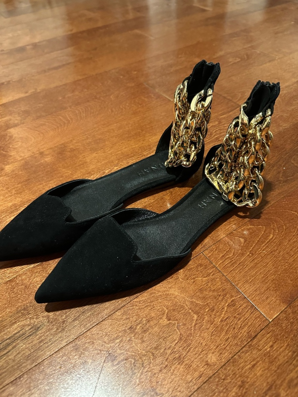 Aminah Abdul Jillil Gold Chain Flat Black Suede Size 8M